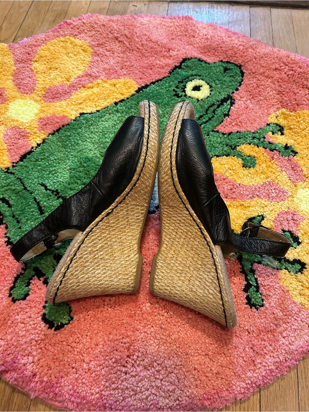 boc Black Leather Espadrille Wedge Sandals with Jute Platform
